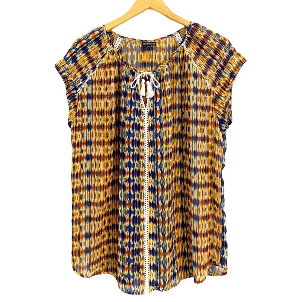 Hannah Multicolor His Lion Tassel Tie Front Crochet Detail Blouse, Size Medium